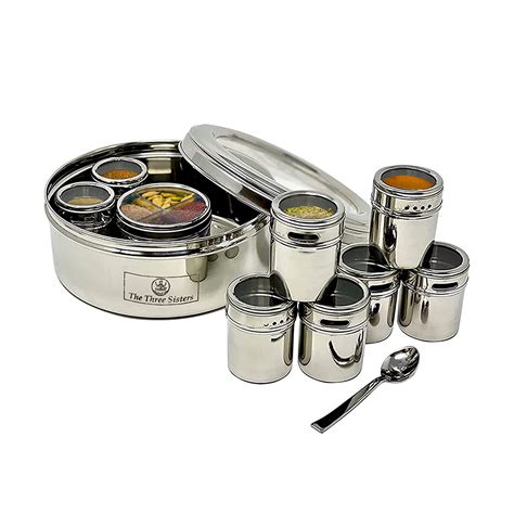 the three sisters authentic stainless steel masala dabba spice box|three sisters masala spice box.